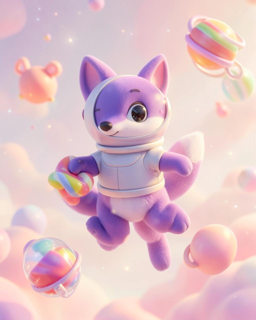 Milo, a purple fox astronaut floating among candy planets